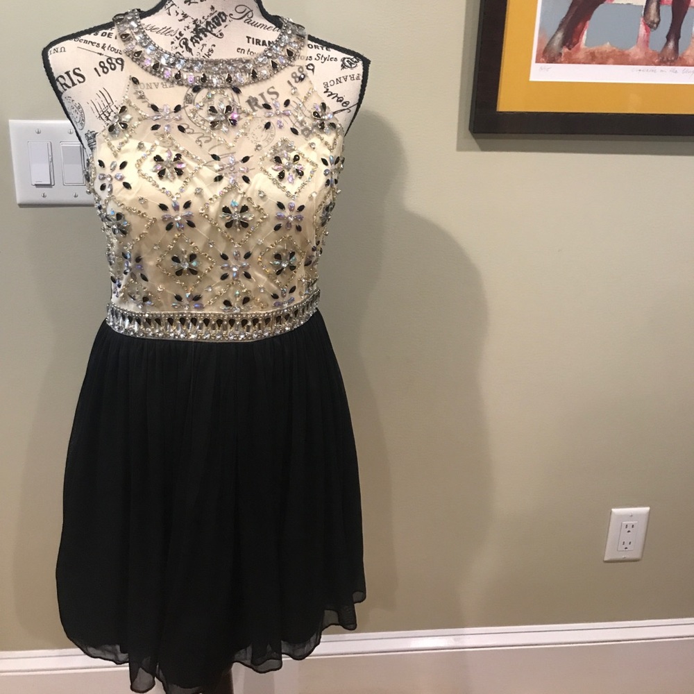 Gold, silver, and black sequin formal party dress